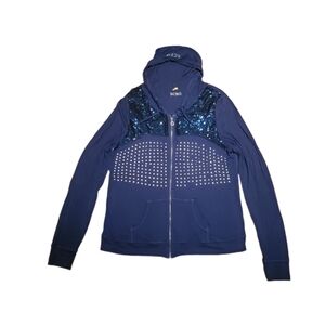 BCBG Women's Blue Y2K Bling Studded Zip Up Sequins Hoodie XL‎